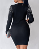 Pullover Mini Sweater Dresses Crew Neck Long Sleeve Rhinestone Decor Bodycon Dress