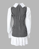 Houndstooth Button Decor Puff Sleeve Ruffle Hem Dress