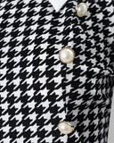 Houndstooth Button Decor Puff Sleeve Ruffle Hem Dress