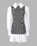 Houndstooth Button Decor Puff Sleeve Ruffle Hem Dress