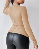 U Neck Built in Bra Long Sleeve Ribbed Top