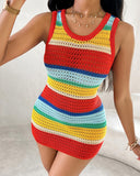 Rainbow Stripe Print Crochet Knit Halter Tank & Skirt Set