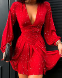 Glitter Ruched Lantern Sleeve Dress