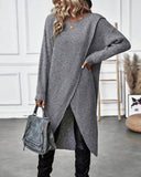 Round Neck Long Sleeve Slit Wrap Sweater Dress