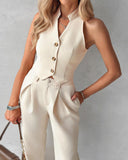 Buttoned Vest Top & Straight Leg Pants Set