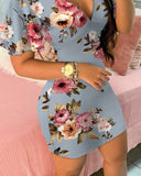 Floral Print Plunge Ruffle Hem Bodycon Dress