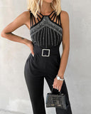 Multi Strap Sleeveless Rhinestone Bootcut Jumpsuit