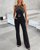 Multi Strap Sleeveless Rhinestone Bootcut Jumpsuit