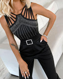 Multi Strap Sleeveless Rhinestone Bootcut Jumpsuit