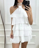 Rose Detail Halter Ruffles Layered Mini Dress