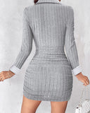 Polo V Neck Long Sleeve Fleece Lined Bodycon Dress Slit Button Decor Ribbed Mini Dress