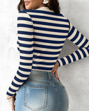 Striped Buttoned Round Neck Ribbed Top