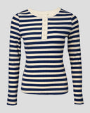 Striped Buttoned Round Neck Ribbed Top