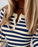 Striped Buttoned Round Neck Ribbed Top