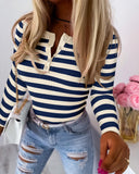 Striped Buttoned Round Neck Ribbed Top