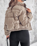 PU Leather Stand Collar Snap Button Zip Up Quilted Puffer Coat