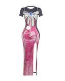 Graphic Print Pearls Decor High Slit Dress