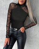 Glitter Mock Neck Sheer Mesh Patch Ruched Ribbed Bodysuits Outfits for Going Out