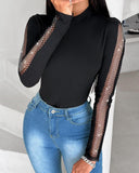 Rhinestone Fishnet Patch Long Sleeve Top