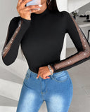 Rhinestone Fishnet Patch Long Sleeve Top