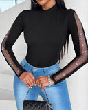 Rhinestone Fishnet Patch Long Sleeve Top