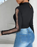 Rhinestone Fishnet Patch Long Sleeve Top