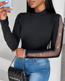 Rhinestone Fishnet Patch Long Sleeve Top