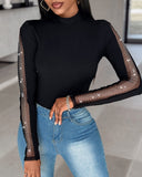 Rhinestone Fishnet Patch Long Sleeve Top