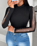 Rhinestone Fishnet Patch Long Sleeve Top