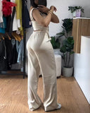 2 Piece Thick Strap Button Front Slim Fit Tank Top High Waist Wide Leg Pants Casual Outfit Set