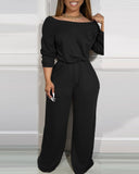 Off Shoulder V Back Stretchy Waist Pocket Design Jumpsuit