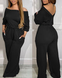 Off Shoulder V Back Stretchy Waist Pocket Design Jumpsuit