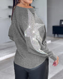 Star Pattern Batwing Sleeve Rhinestone Knit Sweater