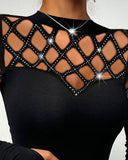 Rhinestone Hollow Out Cold Shoulder Top