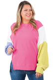 Rose Red Colorblock Patchwork Striped Puff Sleeve Plus Size Top with Slits