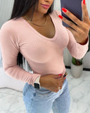 V Neck Long Sleeve Slim Fit Ribbed Top