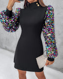 Mock Neck Shining Sequins Contrast Long Sleeve Dress