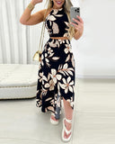 Floral Print Halter Backless Top & Slit Skirt Set