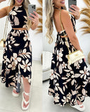 Floral Print Halter Backless Top & Slit Skirt Set