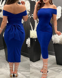 Off Shoulder Sleeveless Slim Fit Bowknot Design Back Slit Bodycon Party Dress