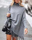 High Neck Batwing Sleeve Rhinestone Decor Tassel Design Knit Sweater