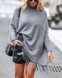 High Neck Batwing Sleeve Rhinestone Decor Tassel Design Knit Sweater