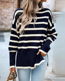 Striped High Neck Side Slit Knit Sweater