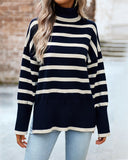 Striped High Neck Side Slit Knit Sweater