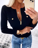 Crewneck Long Sleeve Knit Sweater Half Zipper Design Casual Pullover Knit Tops