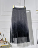 Ombre Sheer Mesh Patch A Line Pleated Glitter Skirt