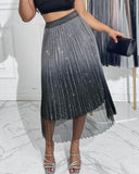 Ombre Sheer Mesh Patch A Line Pleated Glitter Skirt