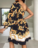 Baroque Print Colorblock One Shoulder Dress