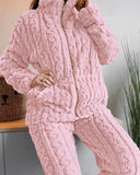 2PCS Jacquard Textured Stand Collar Zip Up Fuzzy Teddy Top & Pants Set