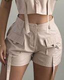 Turn down Collar Buttoned Pocket Design Top & Shorts Set